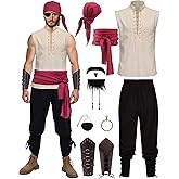 RKKVQP 11 Pcs Adult Pirate Costume Men Renaissance Medieval Shirt Ankle Banded Pants with Viking Accessories Beard Arm Guard