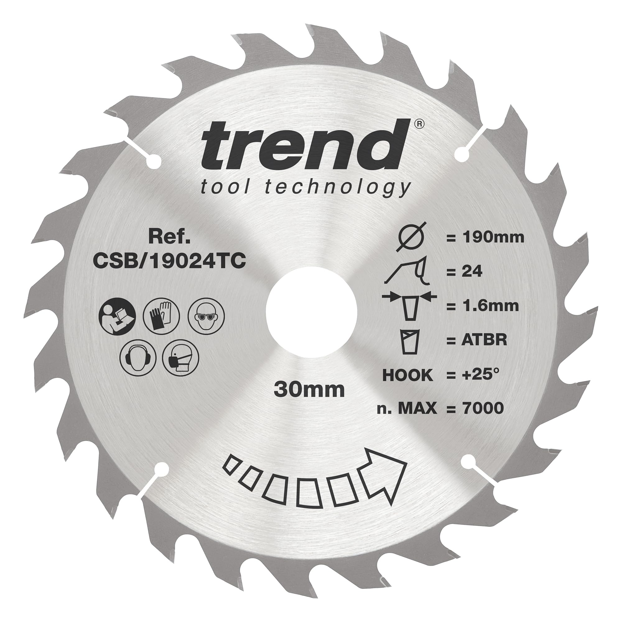 Trend Wood Cordless ATBR Circular Saw Blade, 190mm Diameter, 30mm Bore, 24 Teeth, 1.6mm Kerf, +25° Hook, TCT, Medium Finish, CSB/19024TC