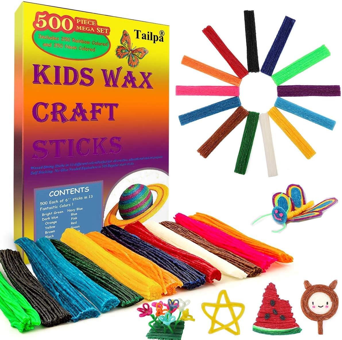 500 Piece Pack Kids Wax Craft Sticks-13 Colors,Non-Toxic Wax Stix,Kid Bendable Wax Sticks,Kid Art Supplies,Perfect Toys for Home and Travel, Activity Set