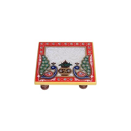 HANDICRAFTS PARADISE Marble CHOWKI Peacock Kalash