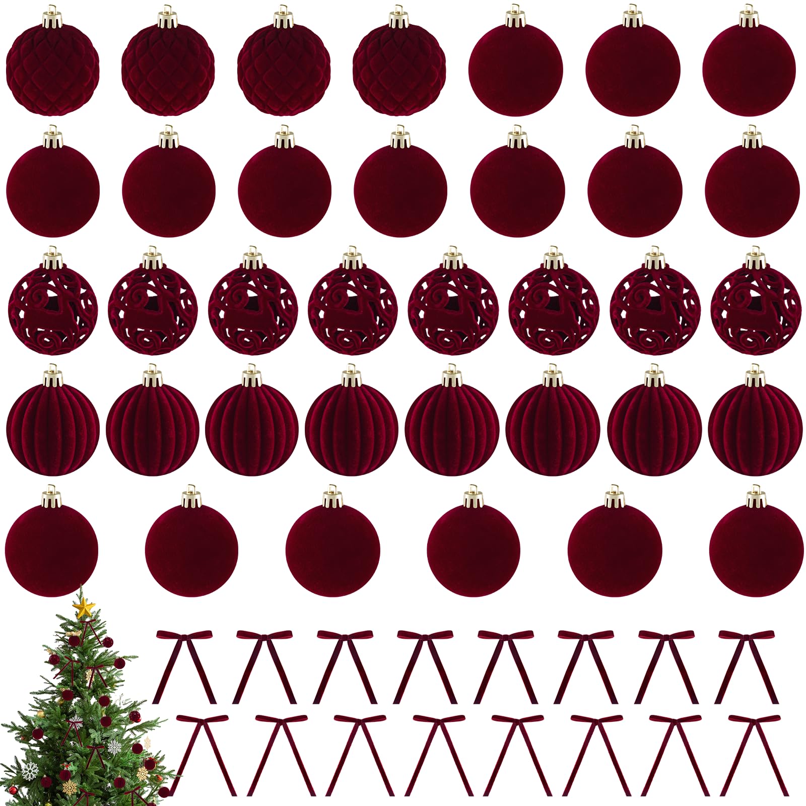 Photo 1 of 62PCS Burgundy Velvet Christmas Ornaments,Shatterproof Burgundy Flocked Ornaments for Xmas Tree Decorations Included 36PCS Christmas Balls and 26 PCS Velvet Bows