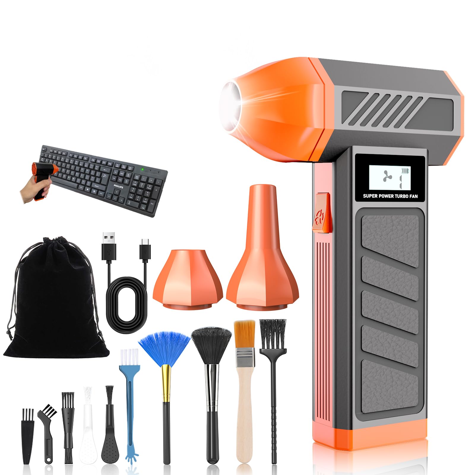 Electric Air Duster for PC, 150000RPM High Powered Dust Blower, 4 Gear Adjustable, Rechargeable, Portable Handheld Cordless Compressed Mini Air Blower for Computer, Keyboard, Car and Truck