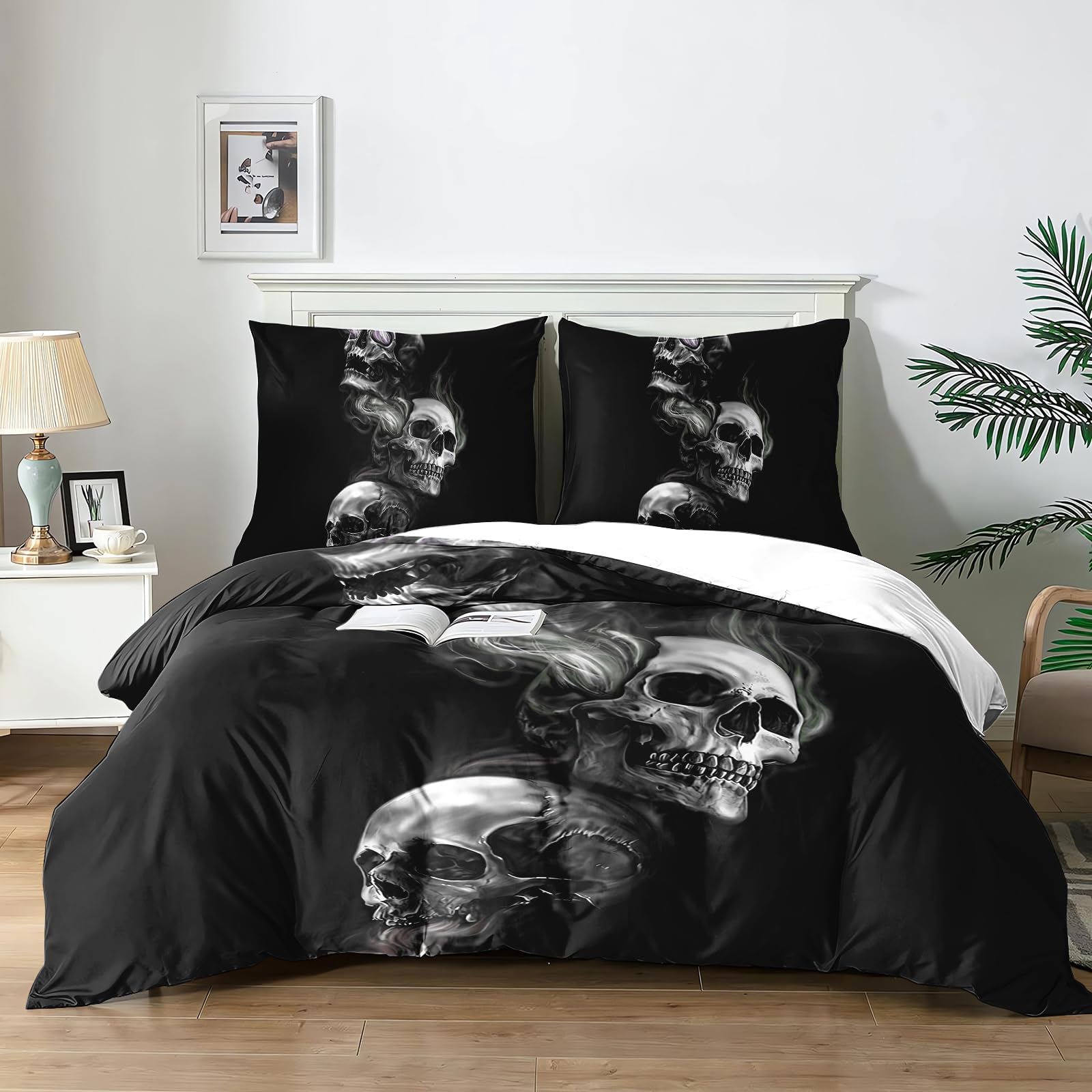 Yzehomijia Skull Pattern Duvet Cover Sets 220×200 cm, Gothic Style, Includes 1 Duvet Cover + 2 Pillowcases 65x65 cm.(K1×220)
