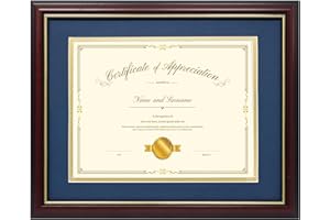 Hodeframe 8.5x11 Diploma Frame - Classic Cherry Color Frame - Displays Certificate 8.5x11 Inch with Mat - 11x14 Inch Without Mat - For Document/Photo(Double Mat - Navy with Gold Rim