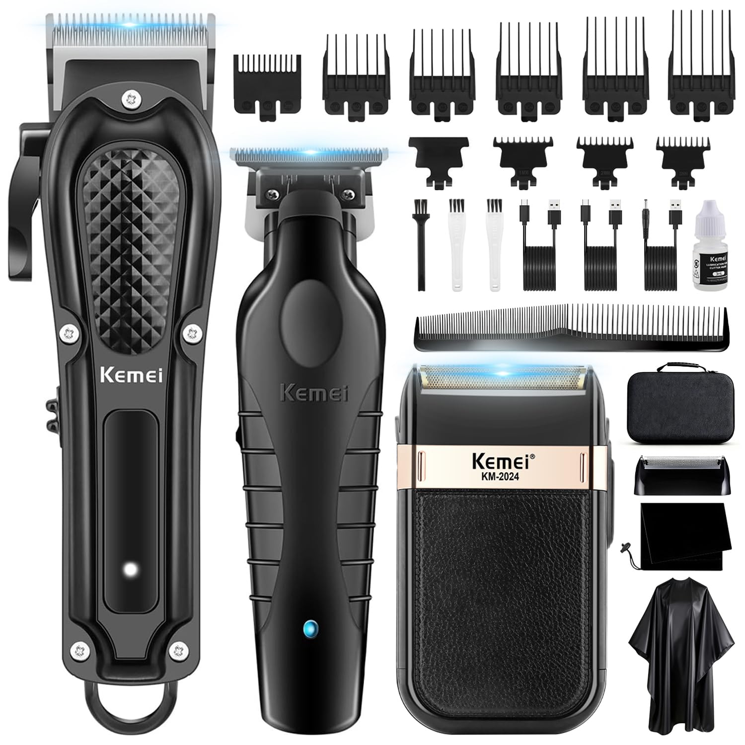 KEMEI Professional Hair Clippers for Men, Cordless Complete Barber Clipper T-Blade Hair/Beard Trimmer Foil Shaver Set, Electric Hair Cutting Full Kit with 9 Guide Comes, USB Rechargeable