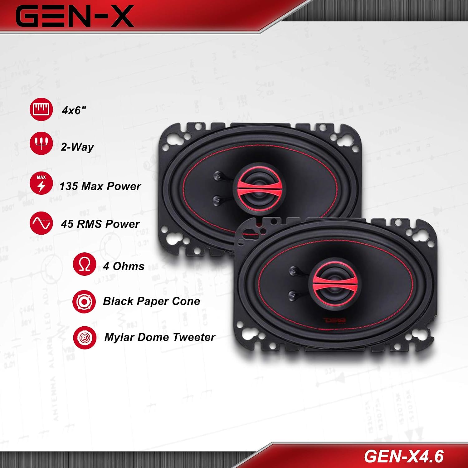 DS18 GEN-X4.6 4x6" 135 Watts 2-Way Coaxial Speakers 4-Ohms - Sold as a Pair of 2, Black - Image 3
