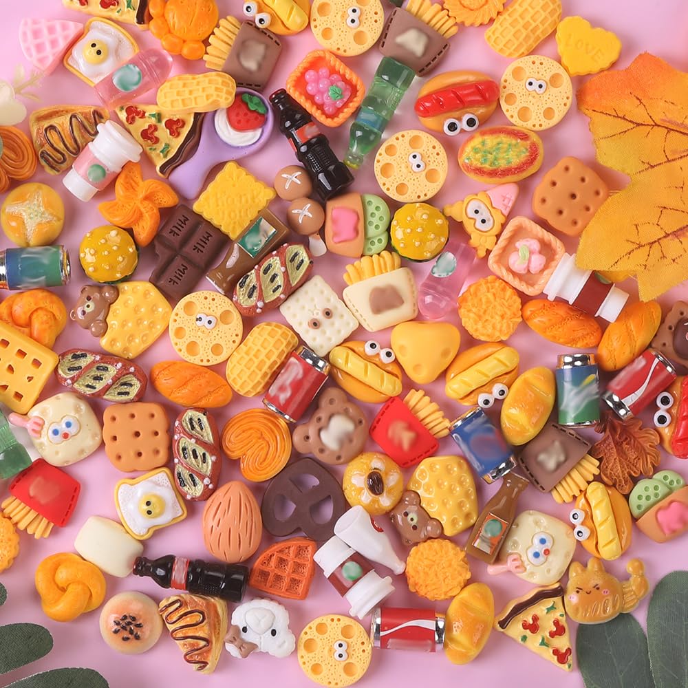 100pcs Miniature Foods Drink Bottles Toys, Mixed Mini Resin Food Drinks Figures Pretend Play Kitchen Game Party Favor Toy for Dollhouse Accessories Decorations