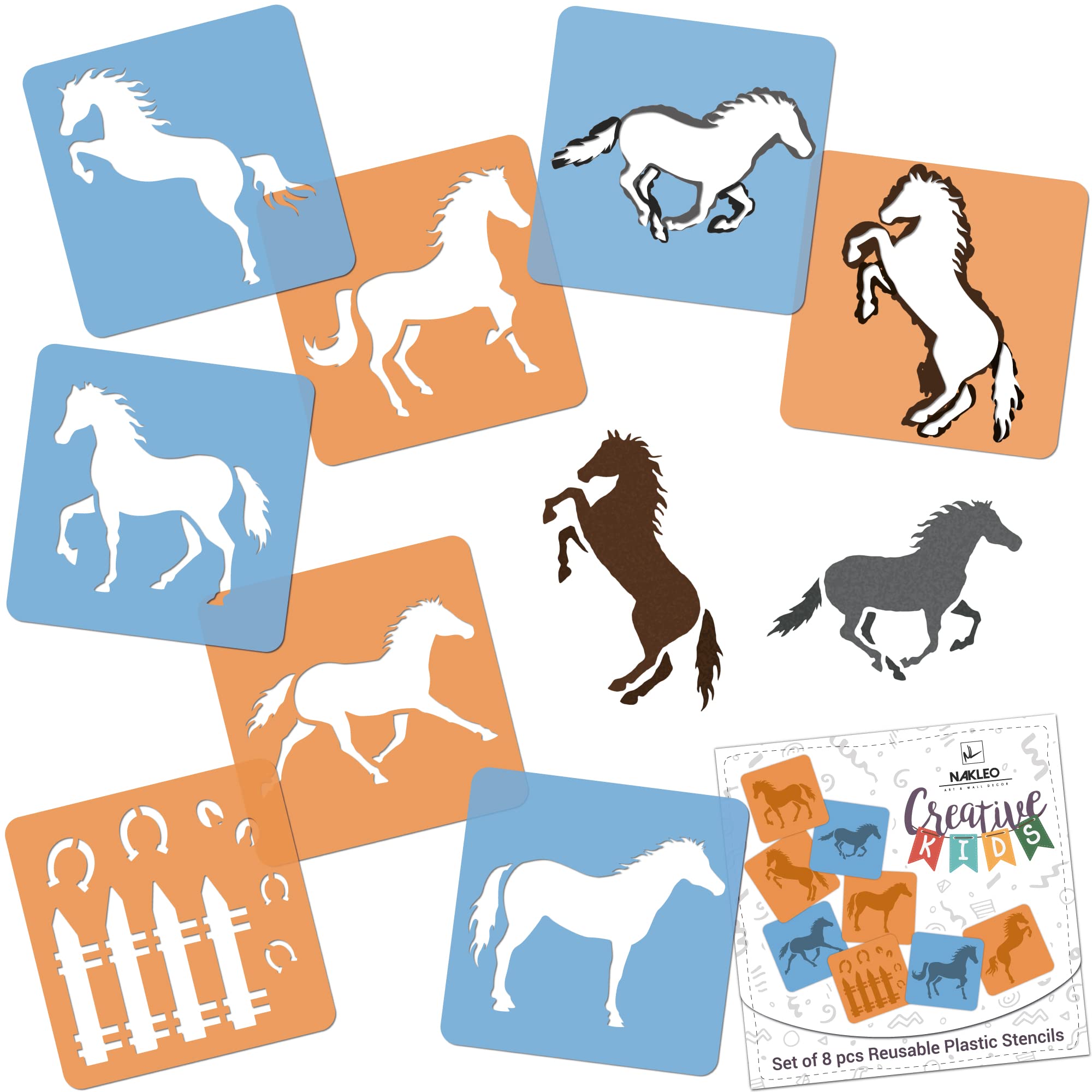 NAKLEO Painting Stencils for Kids, 8 Pcs Set 15x15cm Horses, Children Creative Drawing Templates Plastic and Reusable, DIY Decoration Arts and Crafts, Paper Wall Wood Fabric
