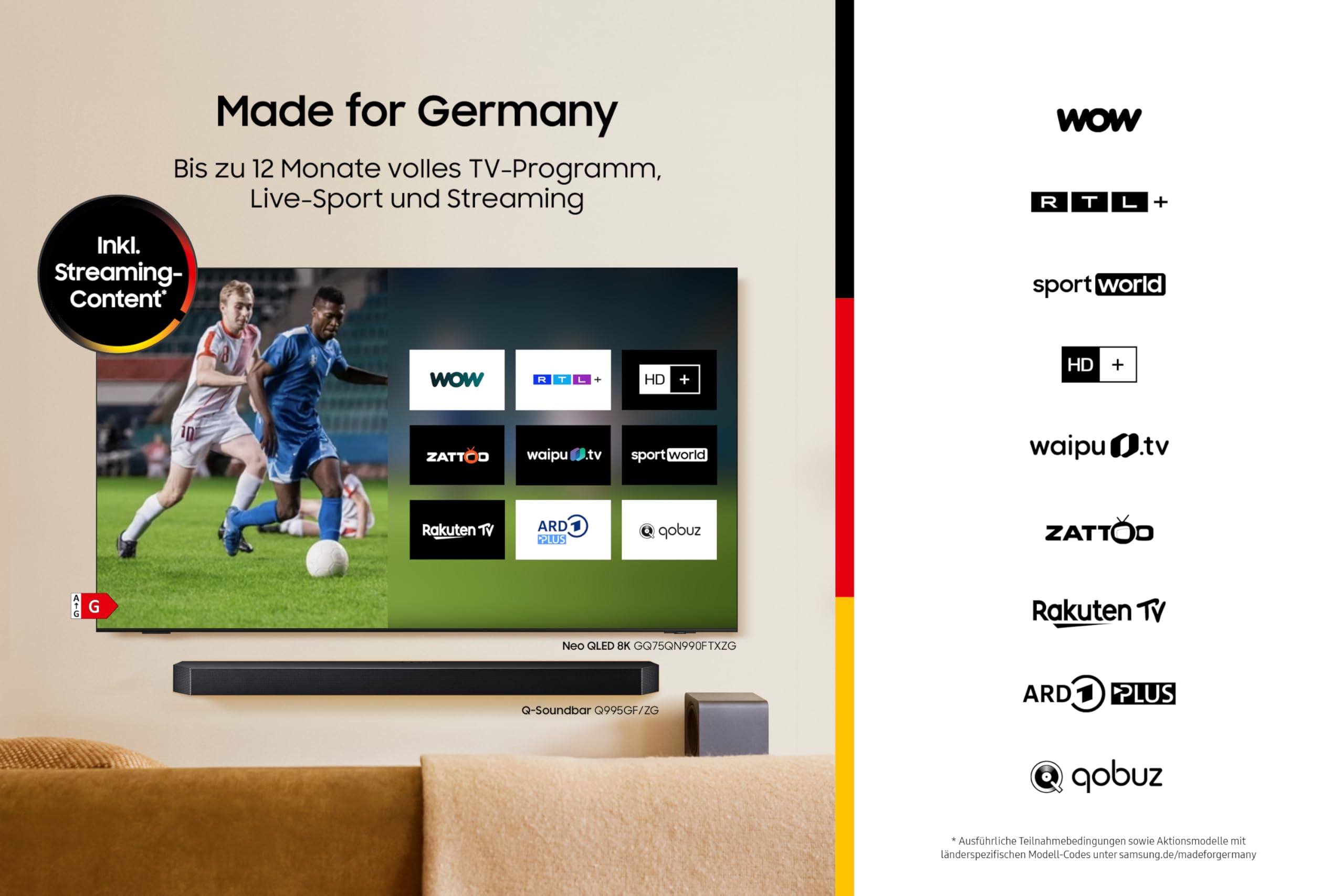 Samsung HW-Q995GF Q-Series 11.1.4-Kanal-Soundbar für Fernseher, Kabelloser 8"-Dual-Subwoofer, 4.0.2-Kanal-Rücklautsprecher, Kabelloses Dolby Atmos und DTS:X, SpaceFit Sound Pro, Q-Symphony 4
