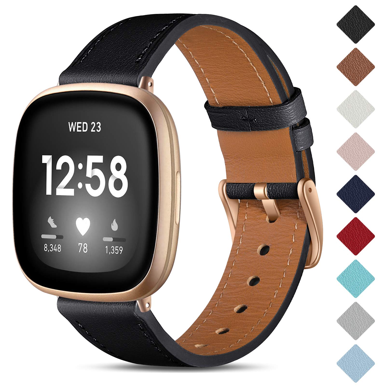 CeMiKa Leather Strap Compatible with Fitbit Sense/Fitbit Versa 3, Genuine Leather Wristband for Women & Men, Black