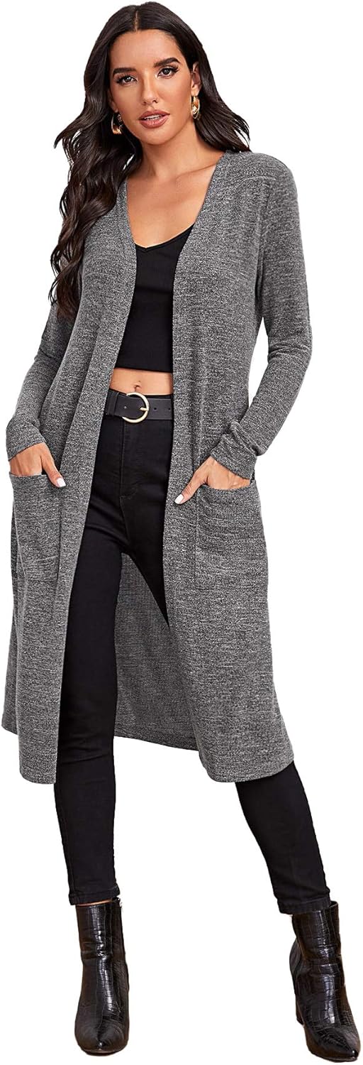 SheIn Women's Open Front Longline Midi Cardigan Solid Outerwear with Pockets Amazon.ca