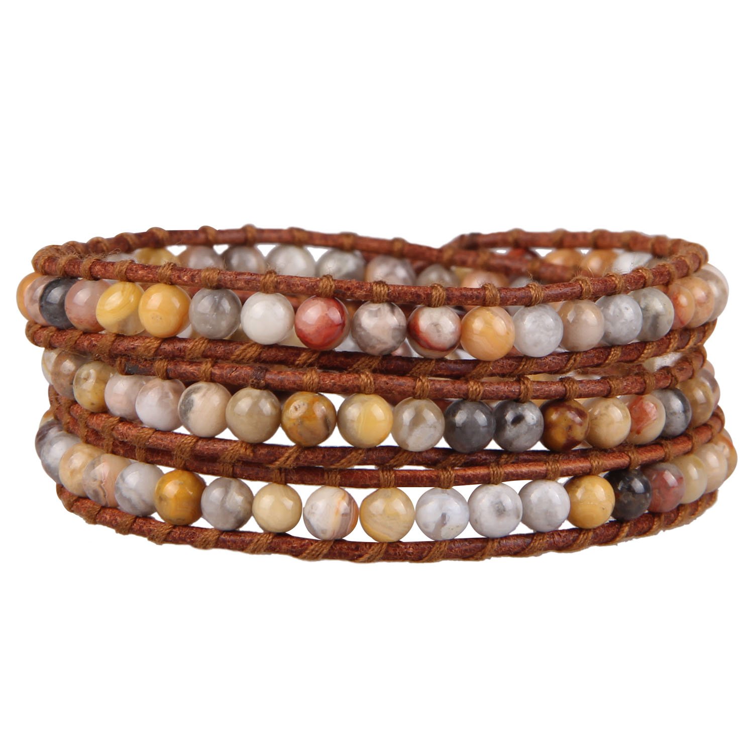 KELITCH Crazy Agate Beaded Bracelet Leather 3 Wrap