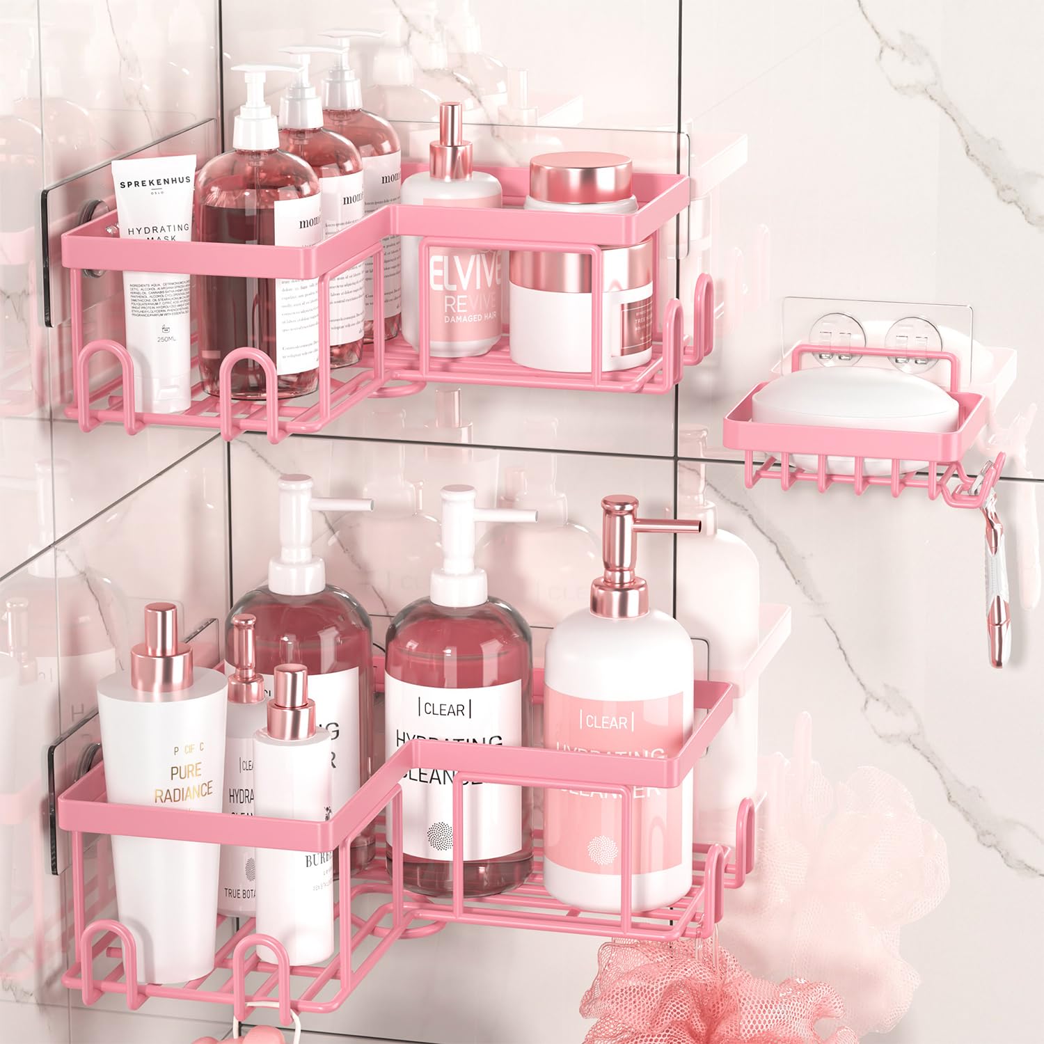 Photo 1 of Youvip Adhesive Corner Shower Caddy - No Drilling Shower Shelves-Rustproof, Organizer for Bathroom with Soap Holder. Pink