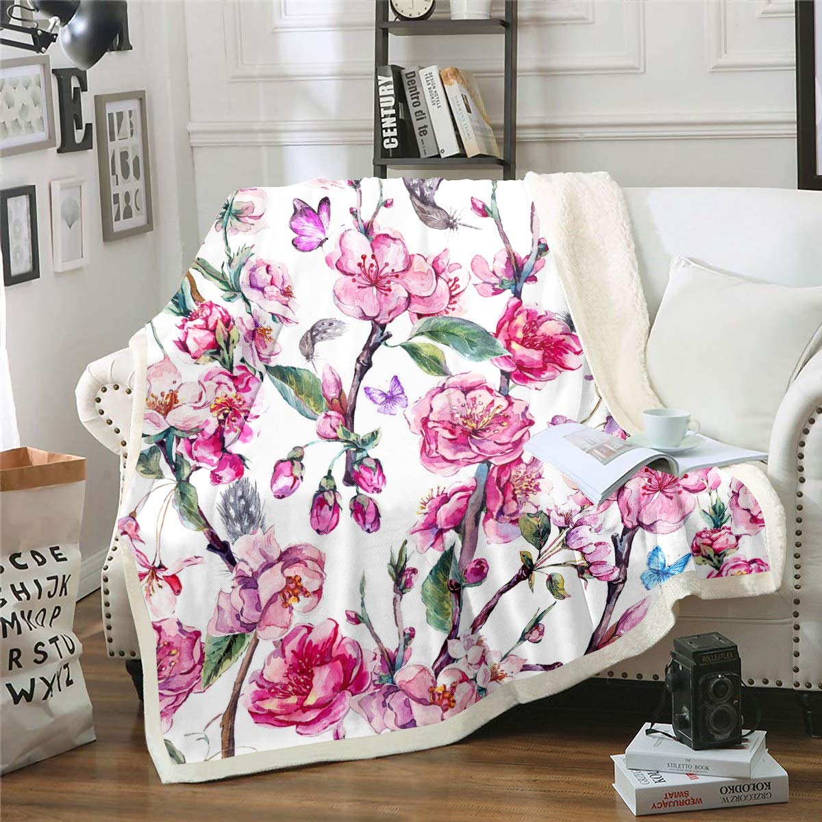 Loussiesd Floral Fleece Throw Blanket - Botanical Branches Sherpa for Women Adults, 3D Butterflies Printed Plush, Leaves Flowers Nature Fuzzy for Sofa Bed Couch, Double 60x79 Inch
