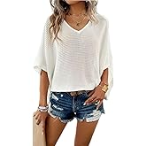 Sumleno Women's Trendy Short Sleeve Knit Tops V-Neck Crochet Hollow Out Oversized Sweater Summer Beach Coverup Pullover