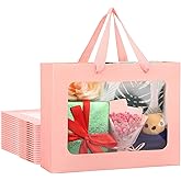 EUSOAR Pink Paper Gift Bags, 20pcs 10.6"x3.1"x8.3" Paper Bags with Transparent Window, Thank You Clear Gift Bags with Handles Bulk for Wrapping Festival Bridal Baby Shower Party Favor