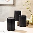 3-Pack Black Ribbed Pillar Candles Unscented, 2.75x4 Inches Black Candles Handmade, Aesthetic Decorative Textured Candle Set for Home Décor