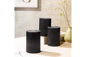 SENSE ISLAND 3-Pack Black Ribbed Pillar Candles Unscented, 2.75x4 Inches Black Candles Handmade, Aesthetic Decorative Textured Candle Set for Home Décor