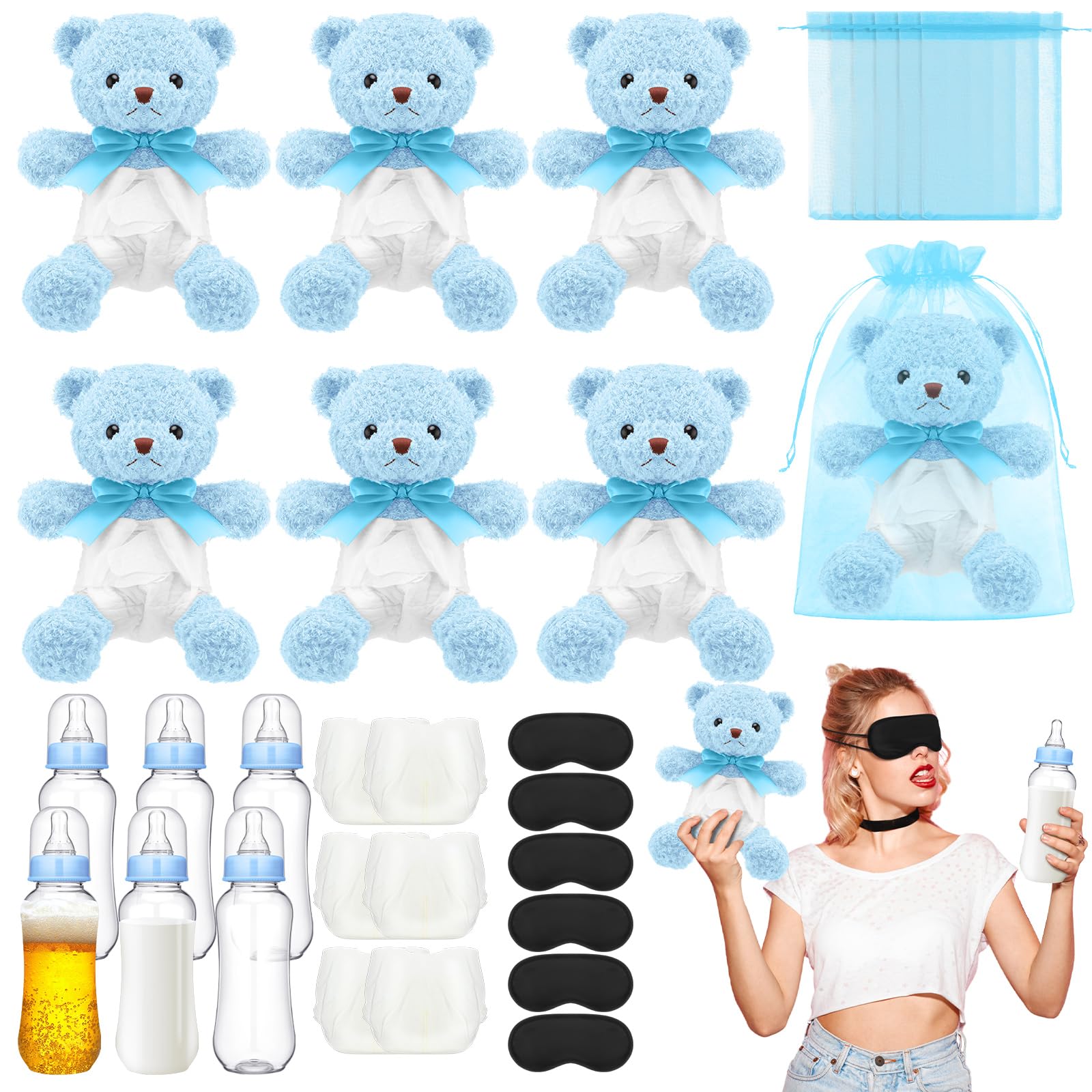 Photo 1 of Yearntown 36 Pack Bottle Chug Blue Baby Shower Games for Boy Bear Blindfolded Diaper Changing Games Kits Plastic Bottles Disposable Diapers Blindfold Eye Masks Bear Baby Shower Party Guest Gifts