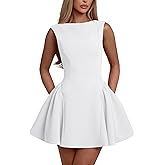 YMDUCH Women's Summer Sleeveless Crew Neck Backless A-line Mini Party Prom Dress