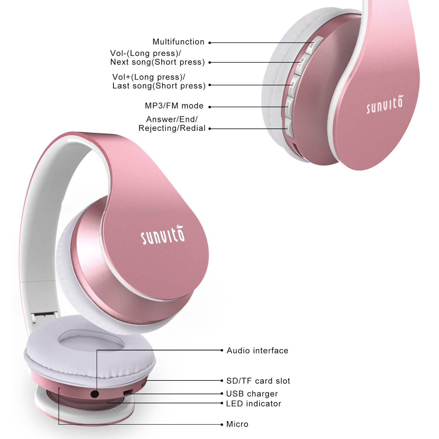 Cuffie Bluetooth 4 in 1 Pieghevole Wireless Auricolari con Mic, Lettore MP3, Radio FM, Auricolare Collegato, Regalo Cuffie Over Ear Stereo per Phone Portatili PC (oro rosa)