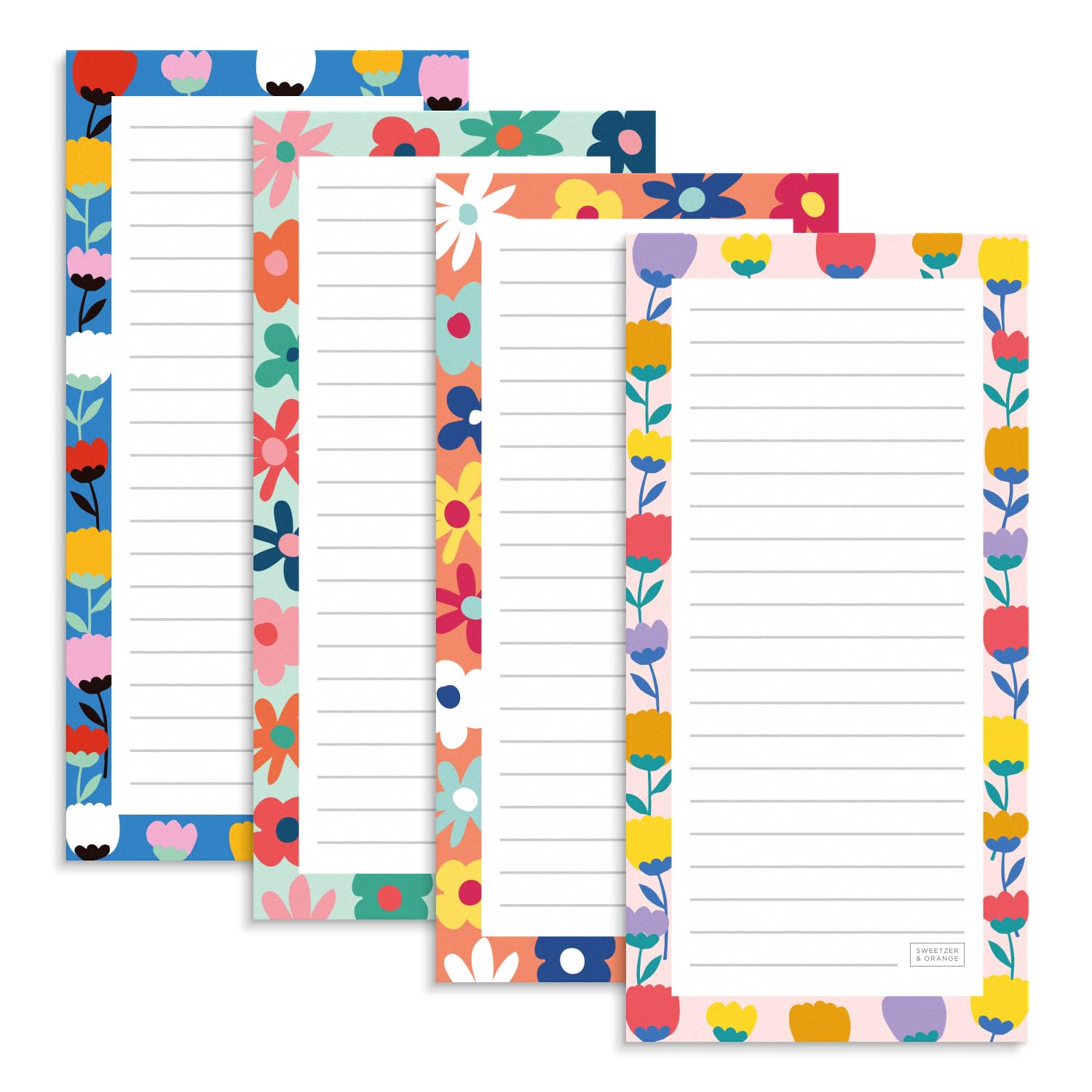 SWEETZER & ORANGE S&O Magnetic Notepads for Refrigerator 4 Pack - Fun Floral planner for Fridge Sets - Force field List sheets for cooler - Sticky writing pages for freezer - 3.5” x 7”, 45 Pages