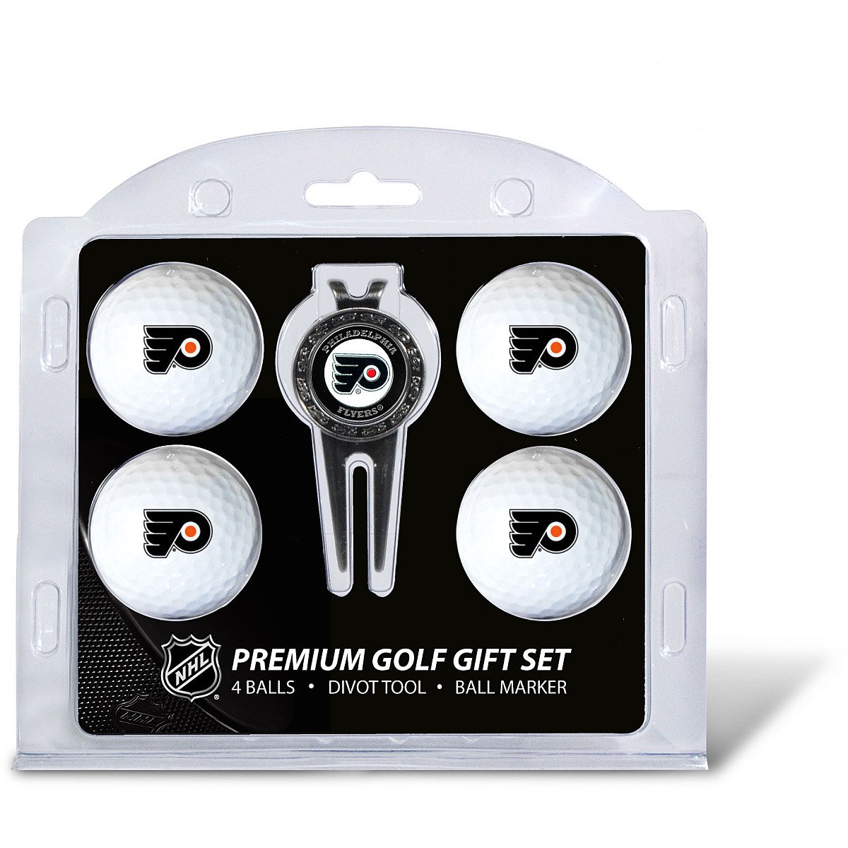 Team Golf NHL Philadelphia Flyers 4 Golf Ball And Divot Tool Set Regulation Size Golf Balls (4 Count) & Divot Tool with Removable Double-Sided Magnetic Marker