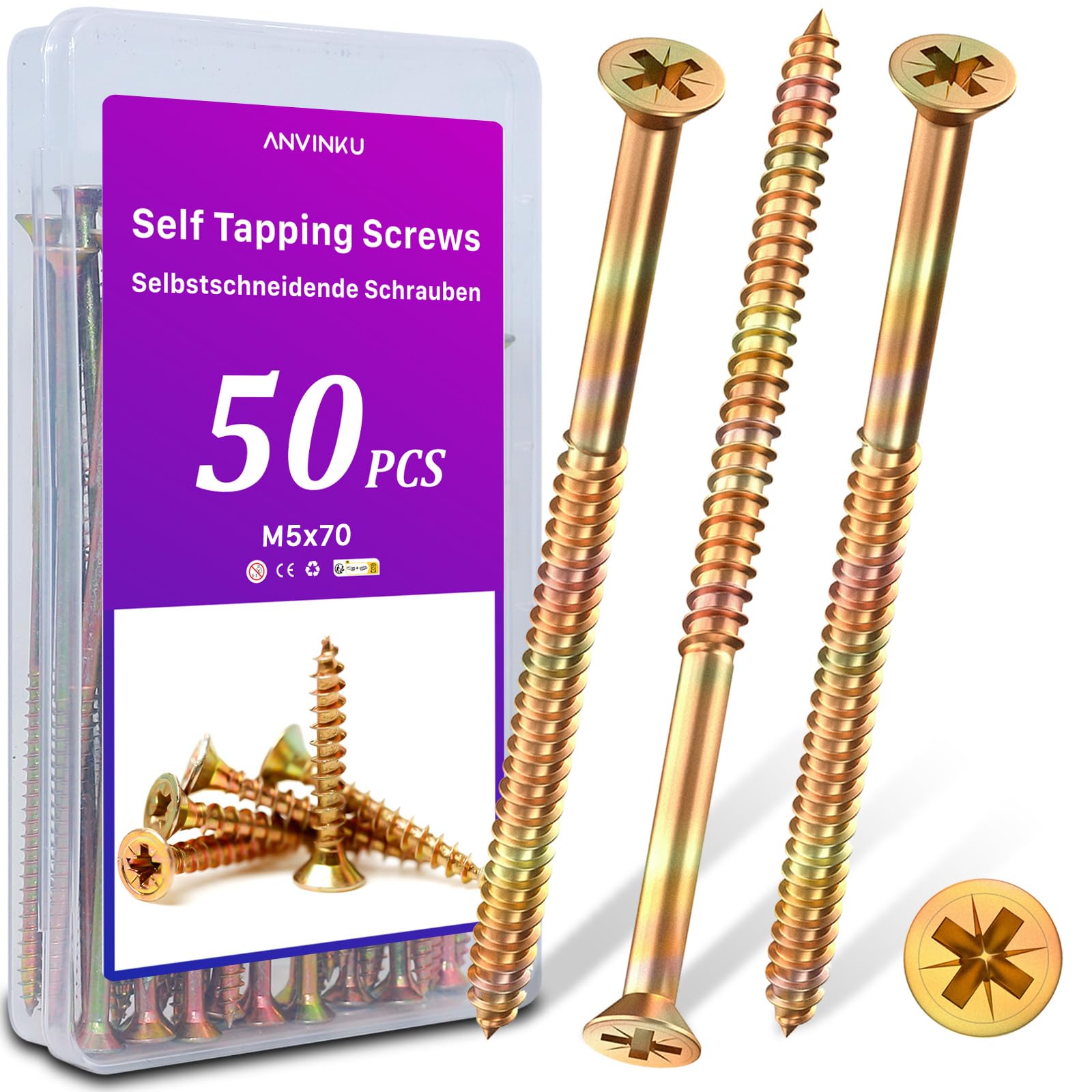 ANVINKU Wood Screws 50 Pcs, M5 x 70mm, Zinc, Countersunk, Self Tapping, Assorted for Furniture Repairs