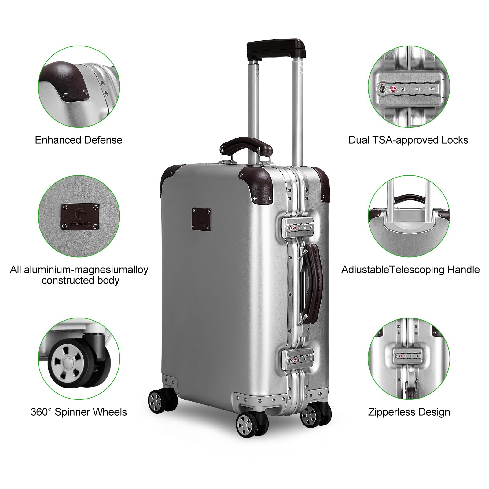 FANAUE 20 Inch All Aluminum Magnesium Carry On Luggage - Zipperless with TSA Lock and Spinner Wheels, Silver