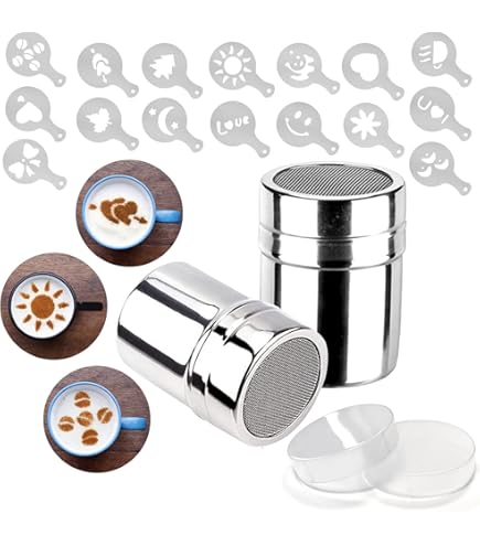 Buy Buytra Stainless Steel Coffee Shaker Duster Icing Sugar Powder Cocoa Flour Sifter With 16 Pieces Cappuccino Barista Coffee Art Stencils Online At Low Prices In India