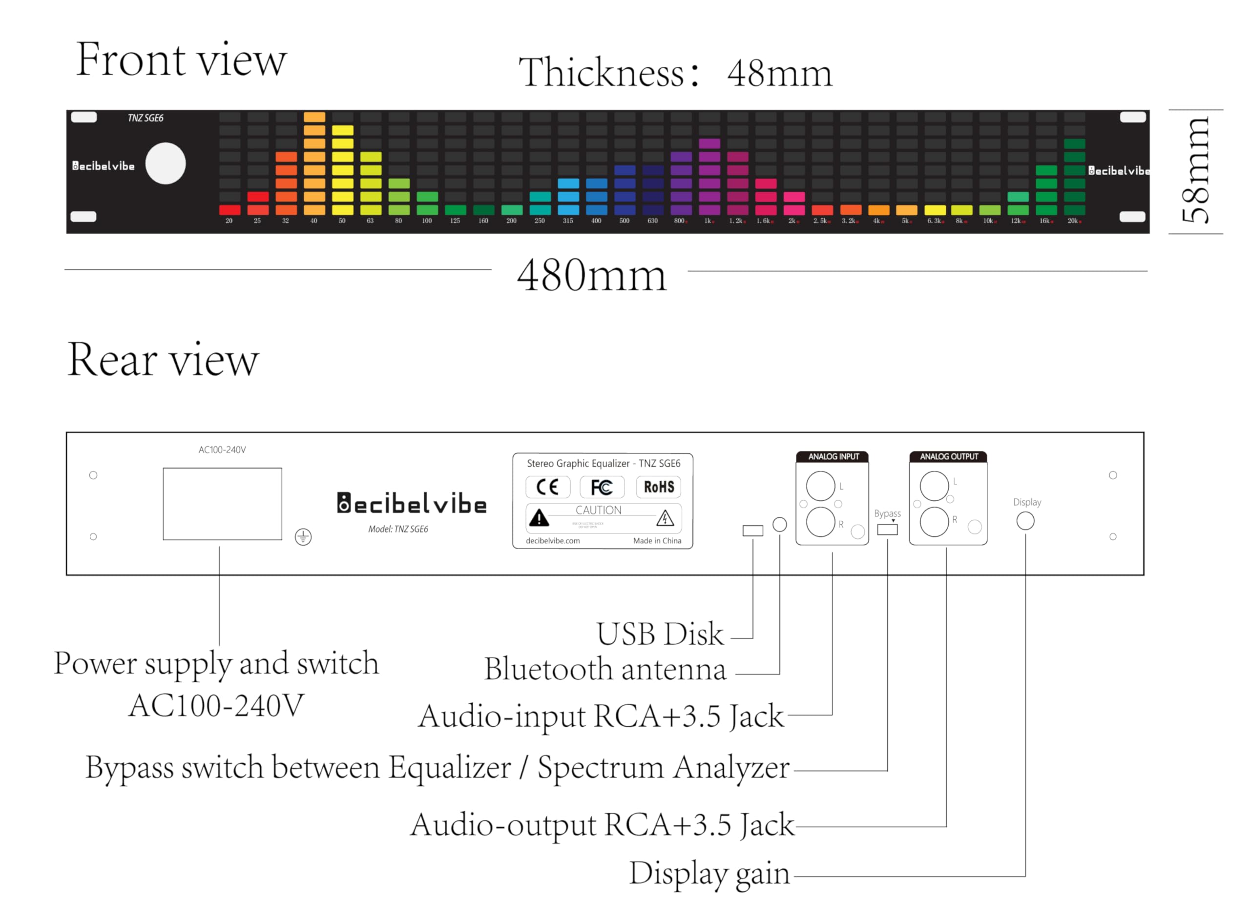 Decibelvibe TNZ SGVUM6 - Medidor de audio gráfico VU con entrada y salida auxiliar RCA/3.5 trasera, entrada inalámbrica a través de un micrófono incorporado, con 19 colores para el hogar