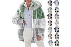 Fuzzy Fleece Jacket For Women - Fashion 2025 Color Block Oversized Outerwear Faux Fur Fluffy Sherpa Hoodie Warm Coat
