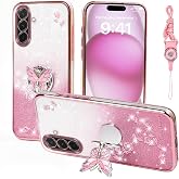 RTYQXK for Samsung Galaxy A37 5G Phone Case,for A37 Mobile Phone Case for Women and Girl, Glitter Butterfly Floral TPU Protective Cover with Kickstand+Strap for Samsung A37 (Pink)