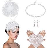 Haakong Fascinators Hat for Women Tea Party Veil Mesh Headband Feather Hat Half Lace Gloves Pearl Jewelry Set