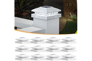 APONUO Solar Post Cap Lights for 4x4 5x5 Posts, Bright Cool White LED Post Cap Lights Solar Powered, IP64 Waterproof & All-Night Lighting, White 12 Pack – Deck, Fence, Patio Light (Easy Install)