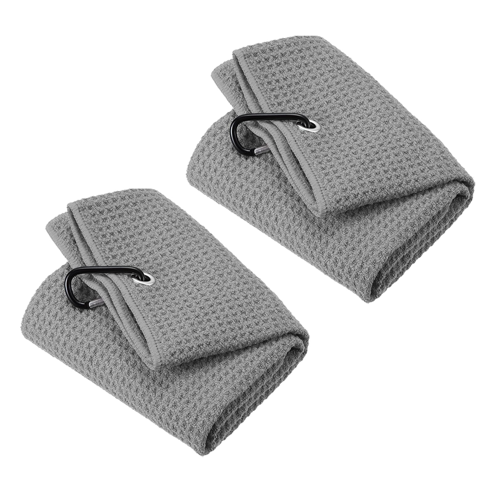 PATIKIL 12"x12" Tri-Fold Golf Towels, 2 Pack Waffle Pattern Towels Soft Fiber Strong Water Absorption with D Clip for Golf Lovers, Grey