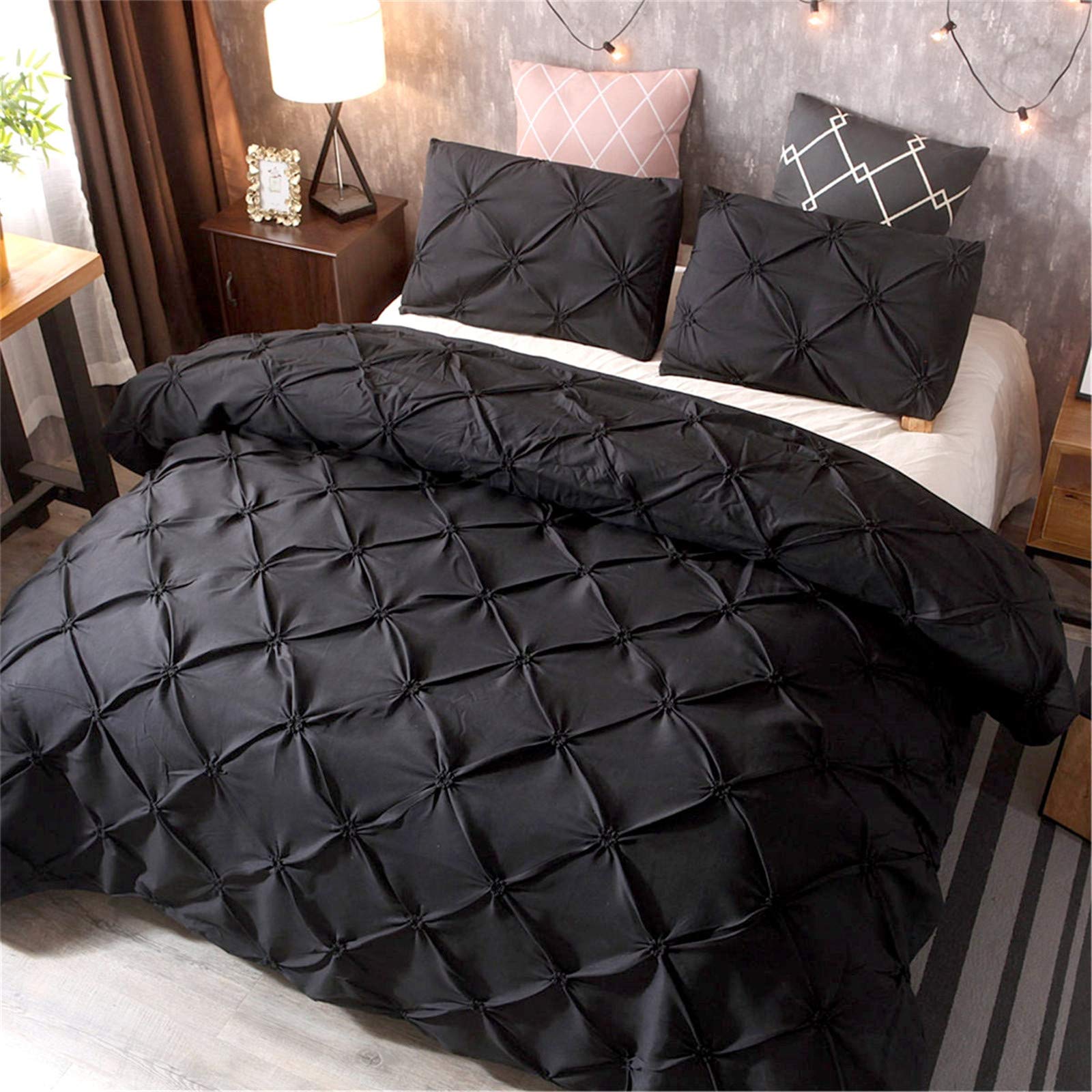 WONGS BEDDING Black Pinch Pleat Duvet Cover Set Luxury Bedding Set with 2 Pillowcases King Size Quilt Cover 220x230cm Zipper Closure