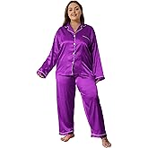 Vozanet Women's Plus Size Button Down Pajama Sets Satin Silky Long Sleeve Long Pants Sleepwear Loungewear Nighty XL to 5XL