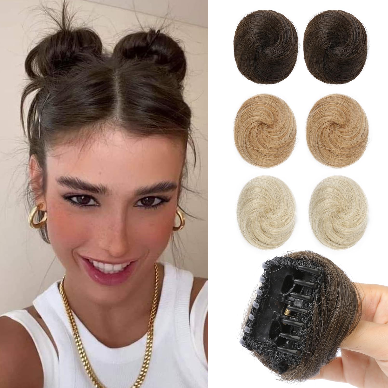 REECHO 2 PCS Mini Claw Clip in Messy & Cat Ears Hair Bun Extensions Wig Accessory Updo Hairpieces for Women Girls (Pack of 2-3" Straight, Dark Brown with Copper Highlights)