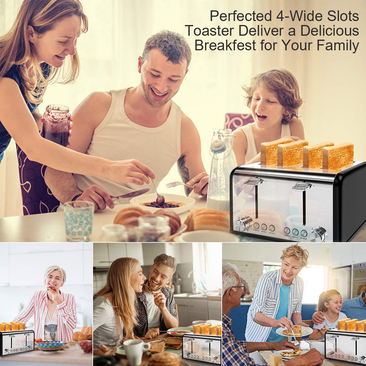 Morpilot Toaster edelstahl mit 4 scheiben 1600 Watt, 6 Bräunungsstufen und 3 Kochfunktionen