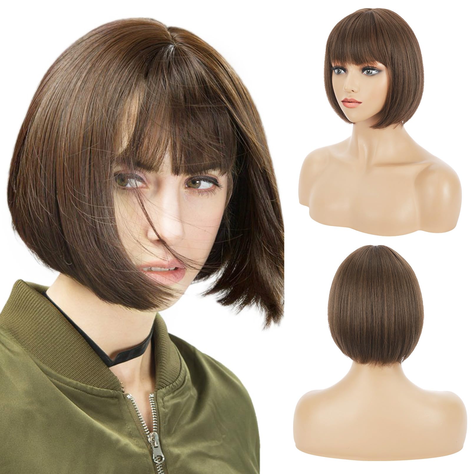 Photo 1 of REECHO Brown Bob Wig with Bangs, 11" Short Bob Wigs Synthetic Replacement Hair Wigs for Women - Chestnut Brown