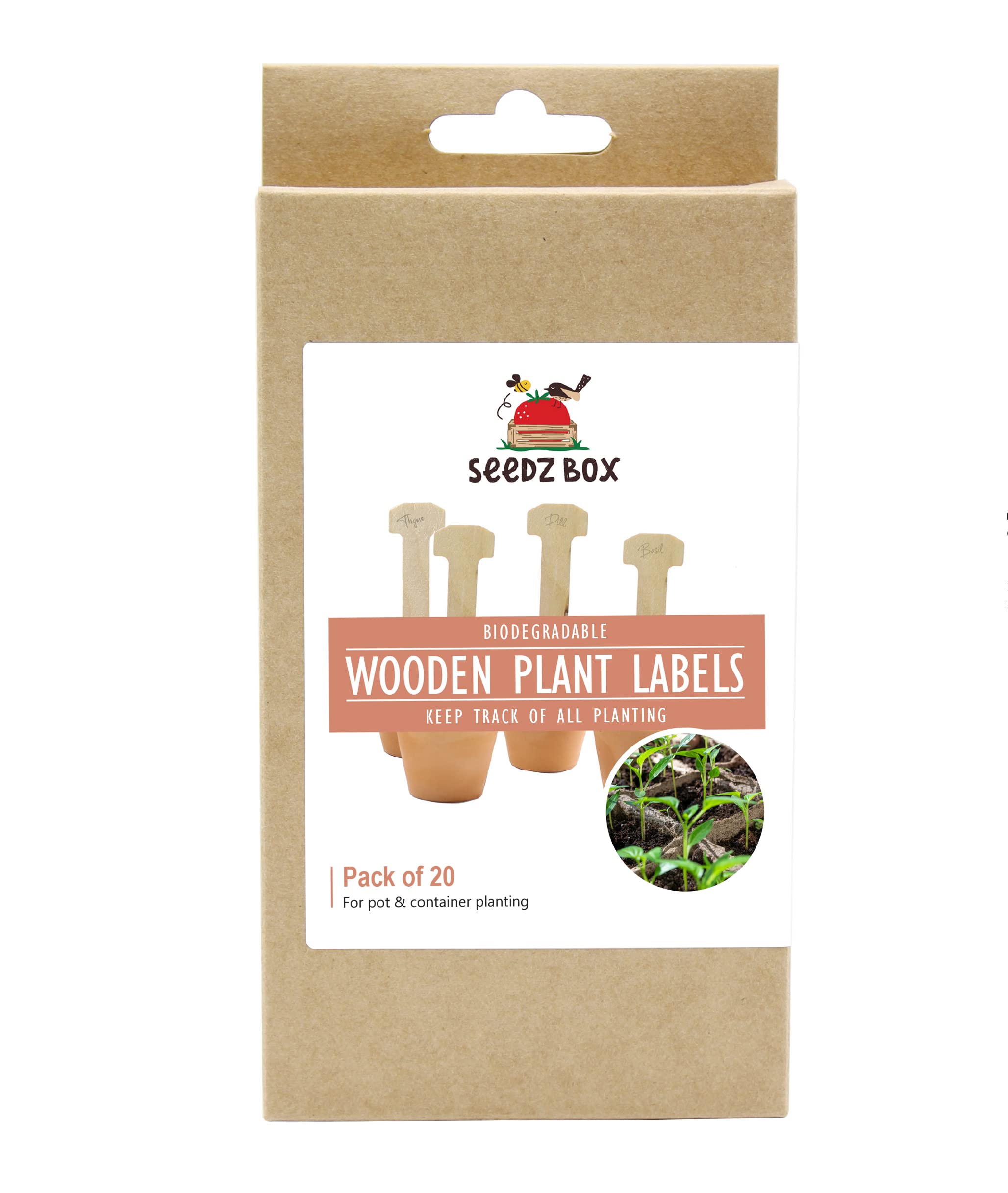 Wooden Plant Labels for Outdoor and Indoor Plants - 20 x Premium Birch T-Shaped Plant Labels - Mark with Pencil Ball-Point or Marker Pen - Less Smudging - Seedzbox