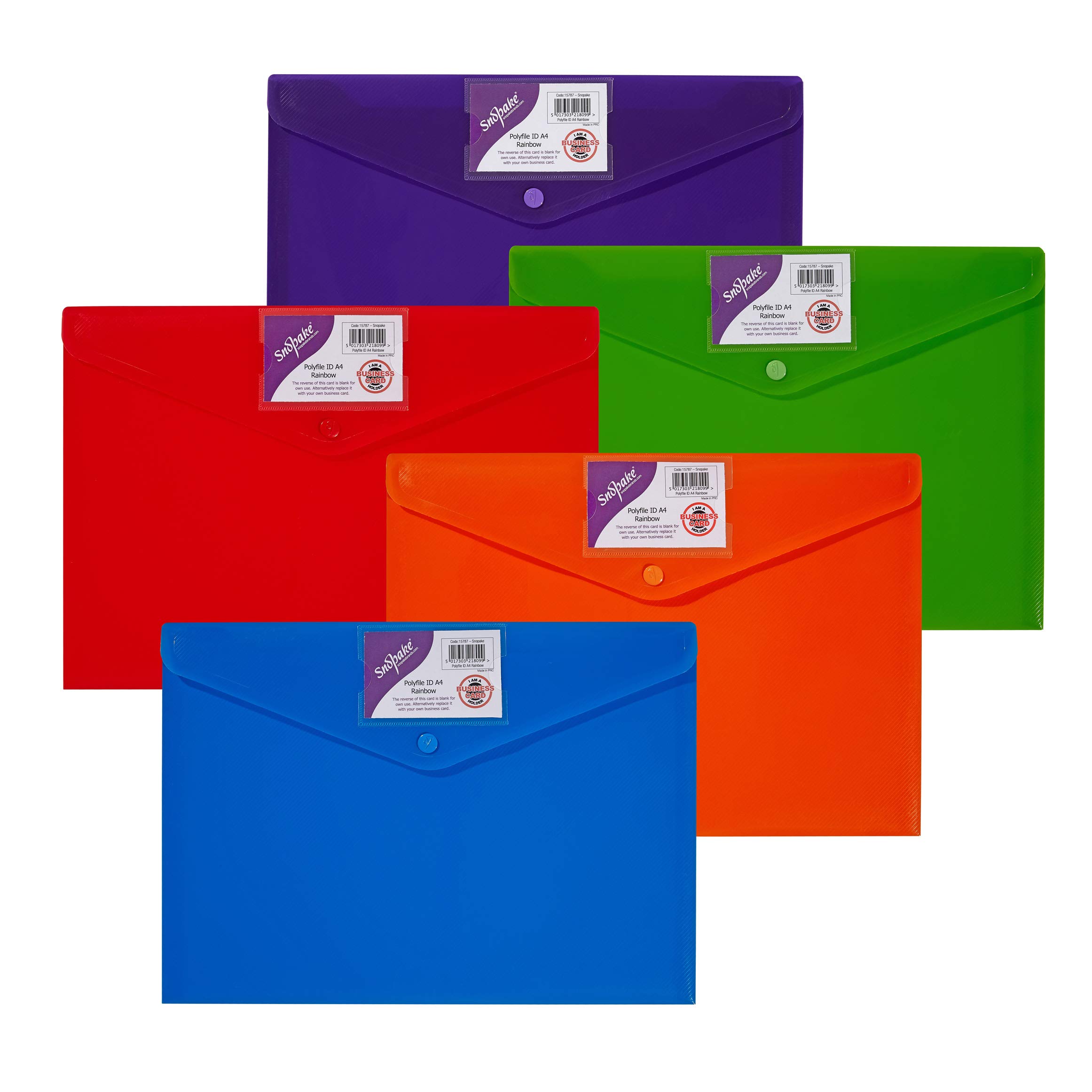 Snopake A4 Rainbow Polyfile ID Popper Wallet – Rainbow Assorted [Pack of 5] Ref: 15787,330x240mm