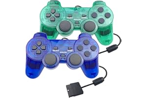JINHOABF 2 Pack PS2 Wired Controller,Double Shock Gamepad Compatible with Playstation 2 Console (Clear Green and Clear Blue)