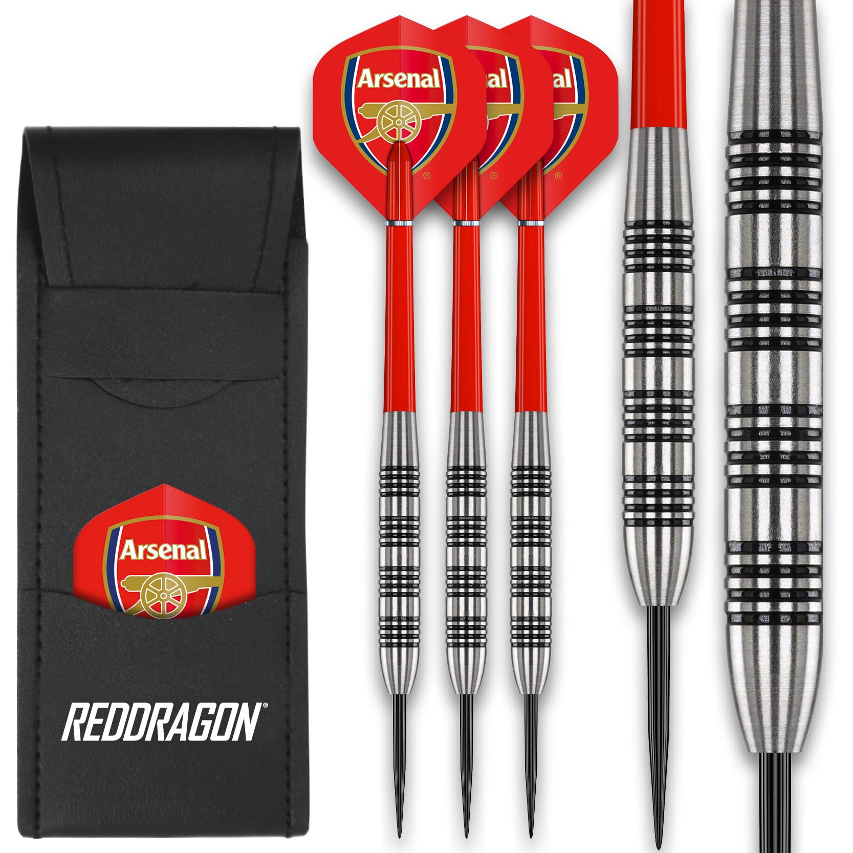 FOCO Officially Licensed Arsenal FC Flights with 80% Tungsten 24g Red Dragon Darts set - including Dart Shafts & Dart Bar Wallet - Professional Darts Accessories — image 1