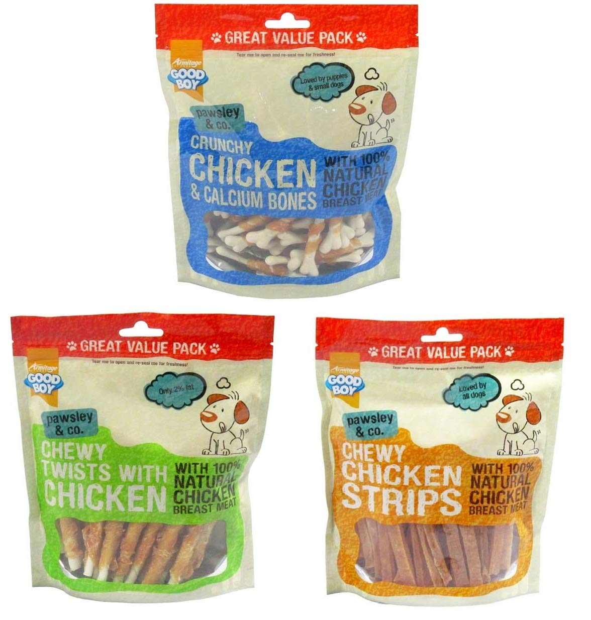 Armitage Good Boy Pawsley & Co Chewy Chicken Twists, Calcium Bones and Strips Meat Dog Treats 3 Pack Mix Saver Pack