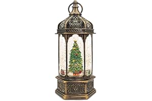DGSCAK Christmas Snow Globes with Music,6H Timer Cylindrical Flashing Snow Ball,Bronze Musical Box Including 8 Songs,Glitter Snowflakes Lantern with Christmas Tree Xmas Decor Gift