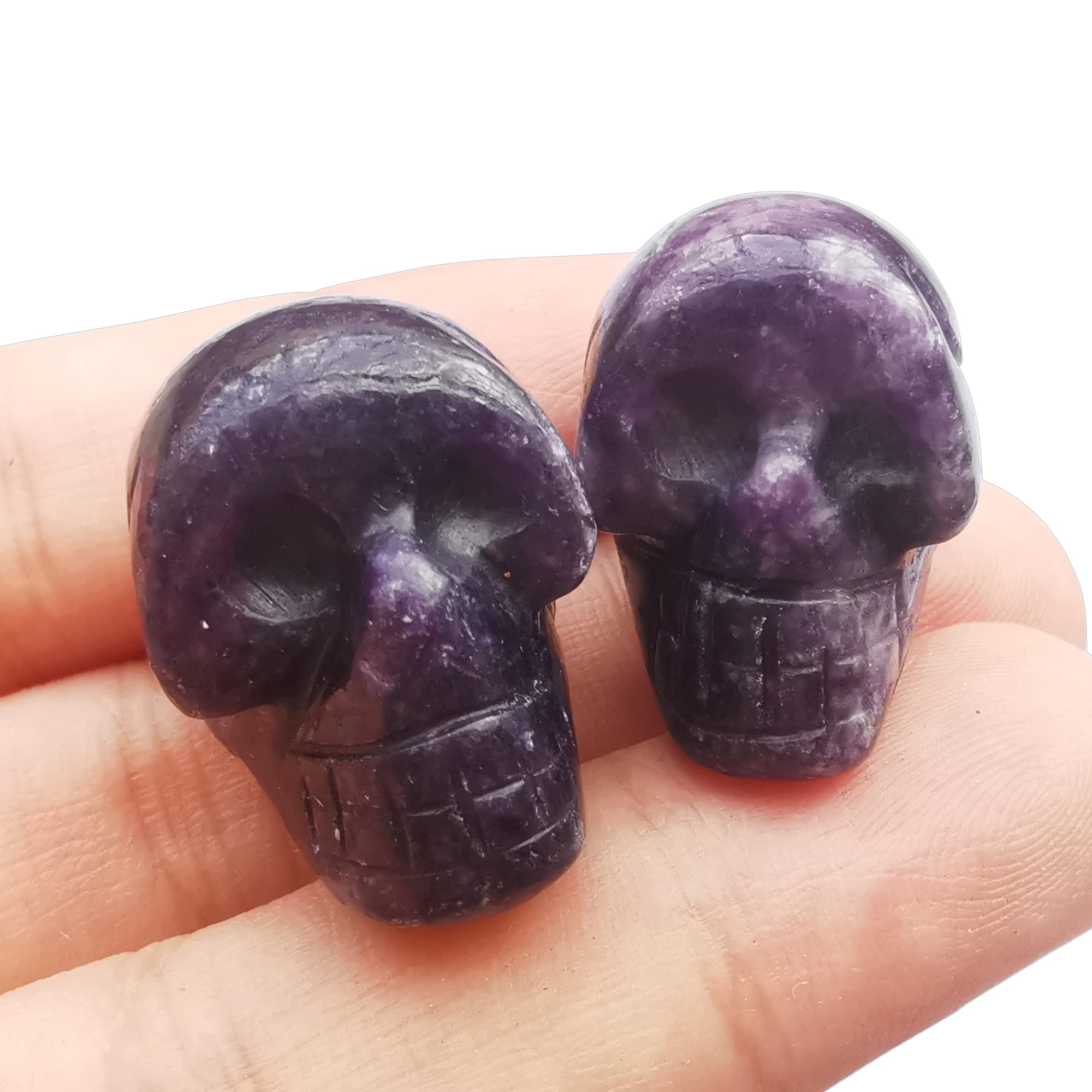 Manekieko 2 Pcs Natural Purple Lepidolite Mini Crystal Human Skull Figurines,25mm Handcarved Crystals and Healing Stone Room Decor Gemstone