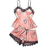 WDIRARA Women's Heart Print Satin 2 Piece Pajama Set Lace Trim Camisole Shorts Pjs Sleepwear