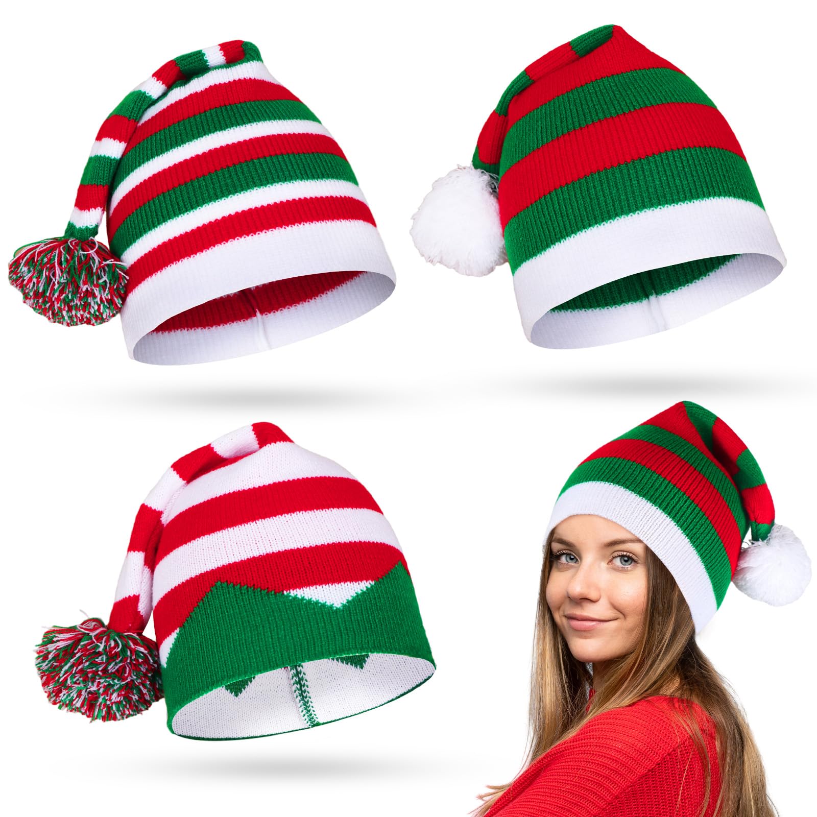 Fayavoo 3Pcs Christmas Hats for Adults & Kids - Elf, Santa & Knit Pom Pom Beanie Hats - Warm Sweater Holiday & New Year Festive Party Caps